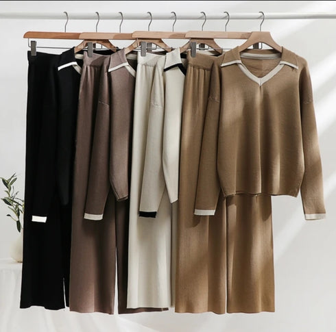 Casual Color Contrast Sweater V-neck Loose Top With Pants